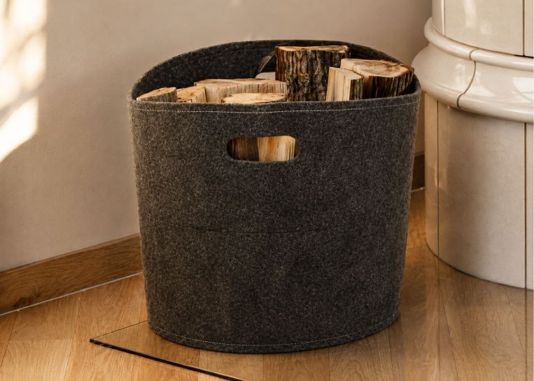 Nahaufnahme eines modernen Filz-Holzkorbs gefüllt mit gespaltenem Kaminholz neben dem hellen Kachelofen.