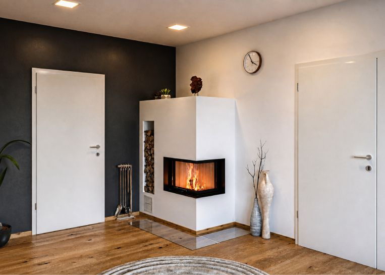 Ein moderner, weiß verputzter Eckkamin mit bündig integriertem Holzlager und schwarzer Metallblende in einem hellen Wohnraum.