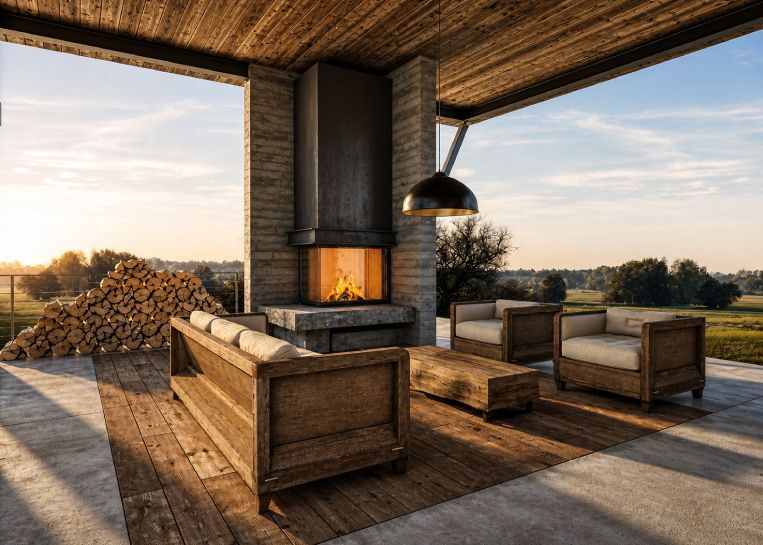 Ein moderner Stylefire II Kamin mit Ecksichtscheibe, integriert in eine hochwertige Outdoor-Lounge mit Naturstein-Elementen und Blick ins Grüne.