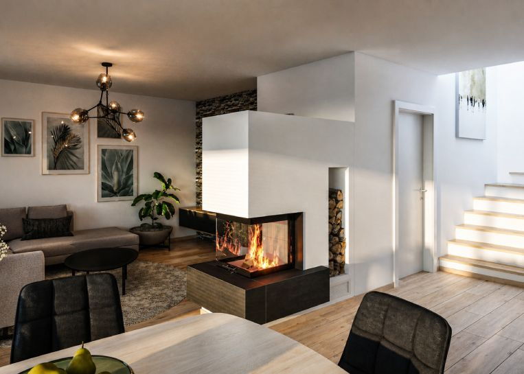 Perspektive auf den Kamin mit U-Sichtscheibe, der den Übergang zwischen Wohnlandschaft, Essbereich und Treppenaufgang ästhetisch gestaltet.