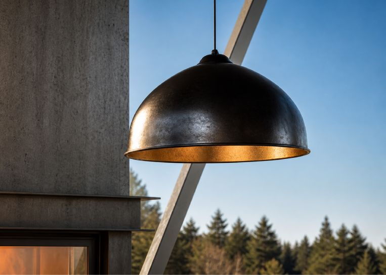 Detailansicht einer modernen, halbkugelförmigen Pendelleuchte in Schwarz mit goldener Innenseite über der Kamin-Lounge.