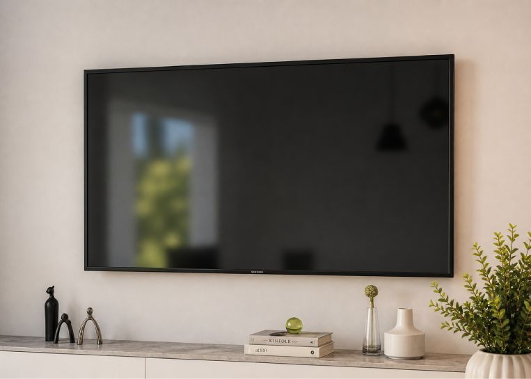 Detailansicht des Sideboards mit heller Marmorplatte unter dem TV-Gerät, das funktional an die Kaminanlage anschließt.