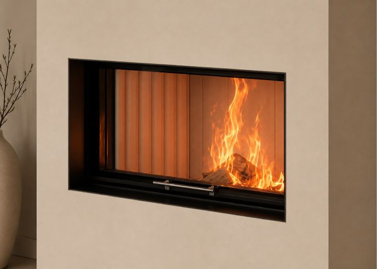 Nahaufnahme des lodernden Holzfeuers hinter der Sichtscheibe, die von einer 6 mm starken, schwarz lackierten Metallblende eingerahmt wird.