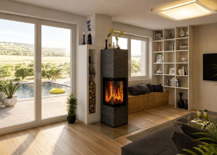 Perspektivische Ansicht des Ofens mit weißem Regalmodul, das als Holzlager und Sichtschutz für die Rauchrohrführung dient.