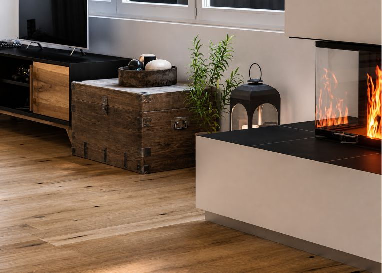 Detailansicht der Wohnraumgestaltung mit einer rustikalen Holztruhe neben dem modernen, schlichten Kamin-Feuertisch.
