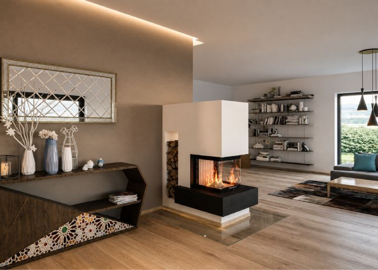 Gesamtansicht der Kaminanlage im Wohnzimmer; die U-Form des Spartherm Arte U-50h ermöglicht eine Feueransicht aus verschiedenen Perspektiven.