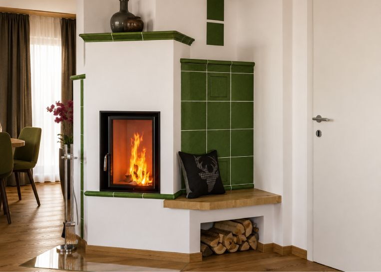 Detaillierte Ansicht der Holz-Sitzbank mit darunterliegender offener Holznische und der grünen Feinkeramik-Rückenlehne.