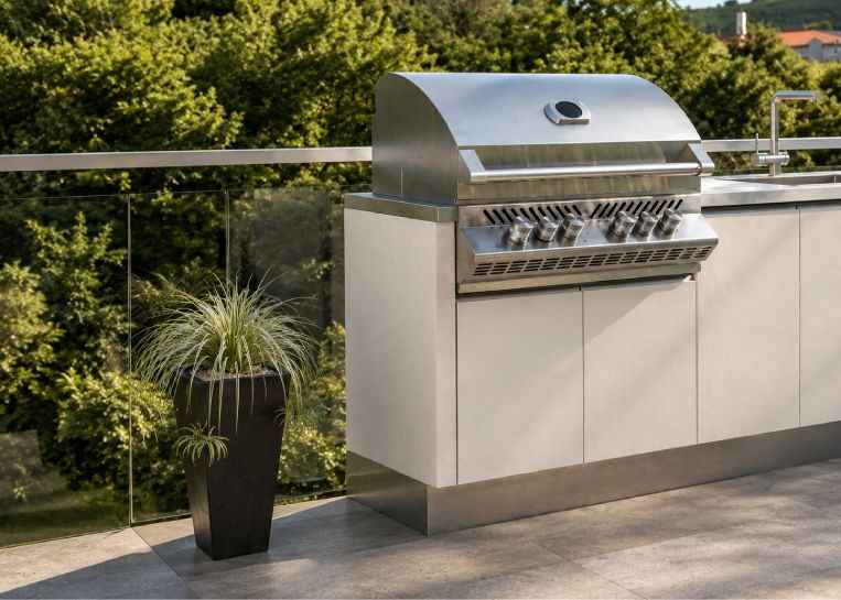 Nahaufnahme des Napoleon Pro 665 Gasgrills mit Infrarotbrenner, perfekt integriert in den weißen Edelstahlschrank.