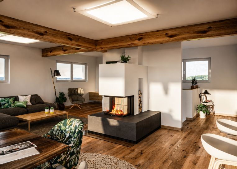Perspektive auf den Raumteiler-Kamin, der den Essbereich stilvoll vom Wohnzimmer trennt und eine 3-seitige Feuersicht bietet.