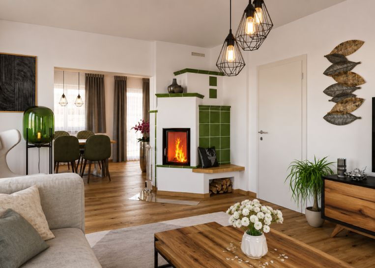 Gesamtansicht eines imposanten Eck-Kachelofens im Wohnzimmer mit großen grünen Kachelflächen, weißem Putz und integrierter Sitzbank.