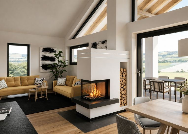 Perspektive auf den Kamin-Raumteiler mit Fokus auf das bündig integrierte Holzlager und den Boden-Brandschutz aus schwarzem Feinsteinzeug.