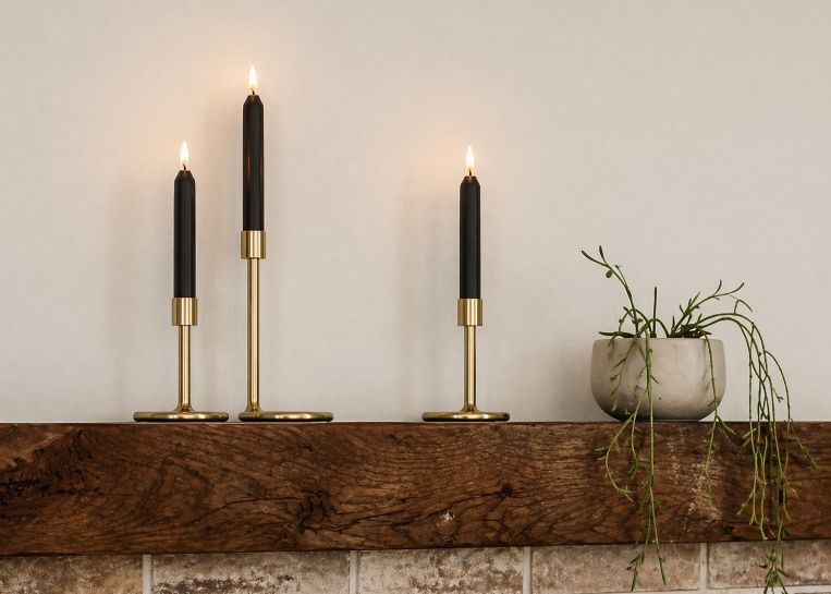 Nahaufnahme des massiven Holzbalkens am Kamin, dekoriert mit eleganten schwarzen Kerzen auf goldenen Haltern vor einer weißen Wand.
