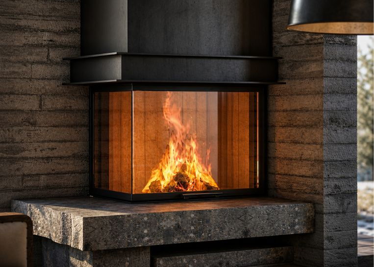 Nahaufnahme des lodernden Feuers hinter der markanten Ecksichtscheibe der Stylefire II Serie, eingefasst in einen puristischen dunklen Stahlbau.