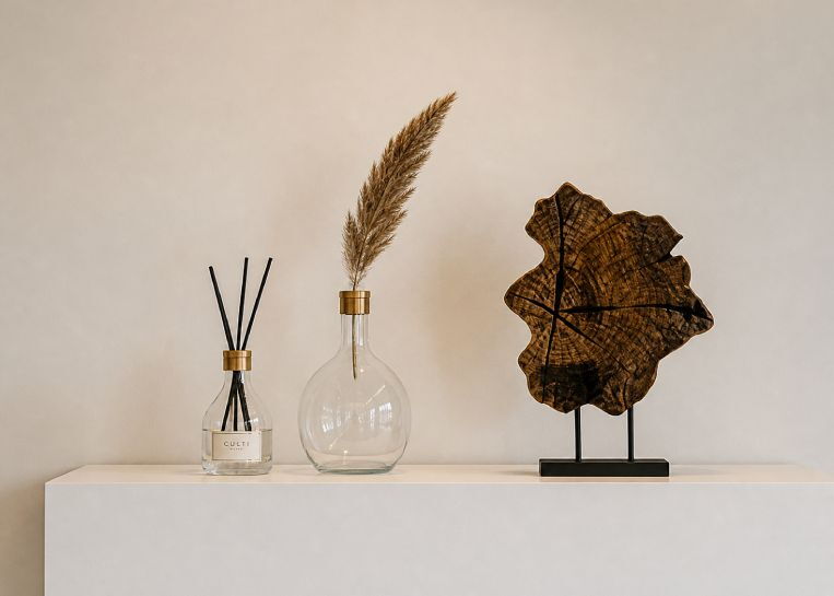 Detailansicht der mattweißen Keramikabdeckung mit minimalistischen Vasen und einer Holzskulptur auf dem Kamin.