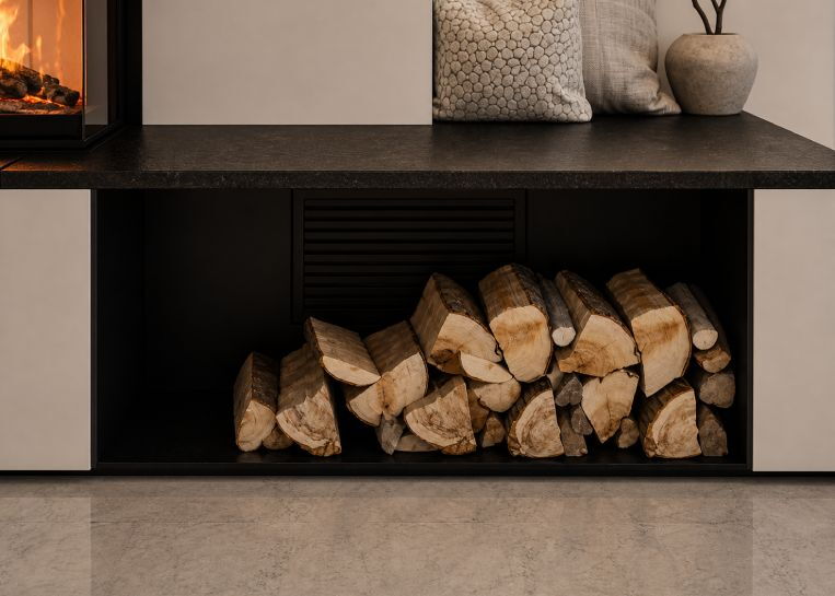Nahaufnahme der funktionalen Metallholzbox unter dem Kamin, abgedeckt mit einer Platte aus dem Naturstein Nero Assoluto.