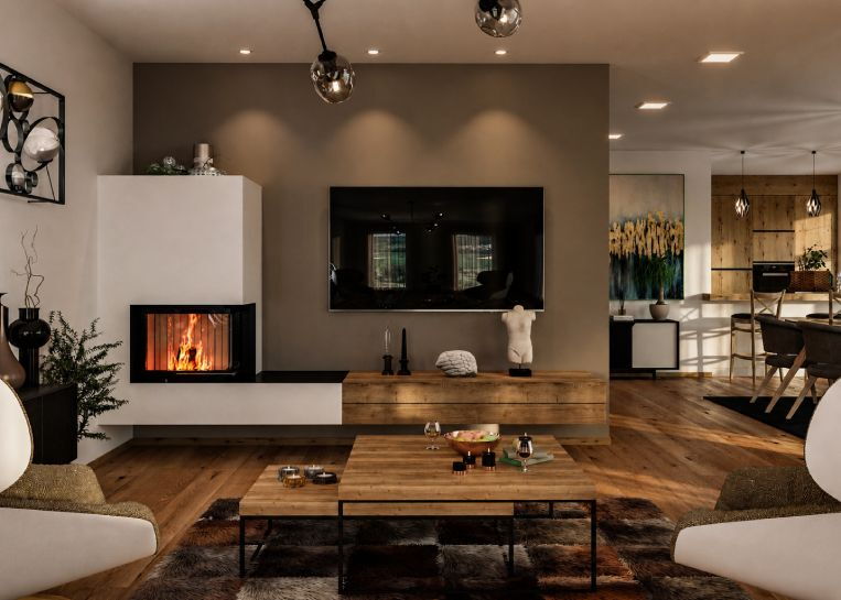Ein freischwebender Eckkamin der Marke Brunner, elegant kombiniert mit einem TV-Lowboard in einem modern gestalteten Wohnraum.