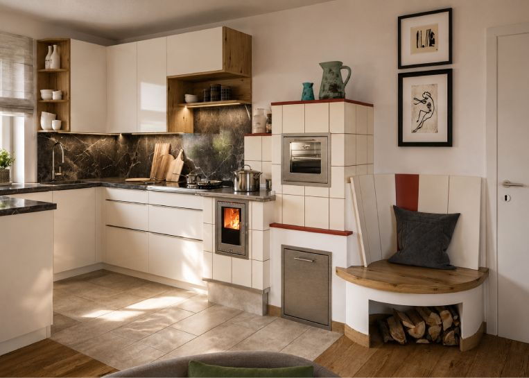 Frontale Ansicht des Aufsatzherdes mit moderner Panorama-Glasscheibe für einen optimalen Blick auf das Holzfeuer.