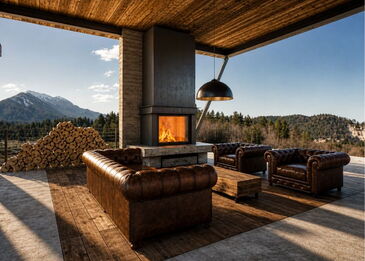 Ein eleganter Stylefire I Kamin mit gerader Sichtscheibe in einer luxuriösen, überdachten Outdoor-Lounge mit Leder-Chesterfield-Sesseln und Bergblick.