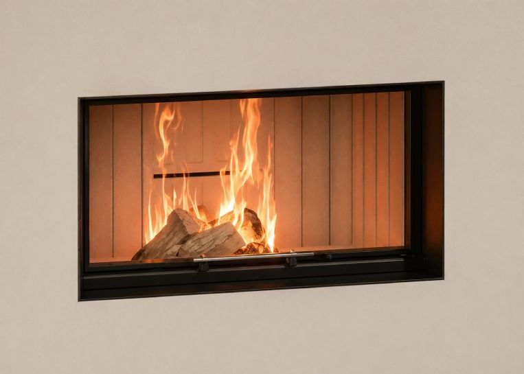 Nahaufnahme des ruhigen und gleichmäßigen Flammenbildes hinter der großzügigen Sichtscheibe des Spartherm Varia ASh Kamineinsatzes.