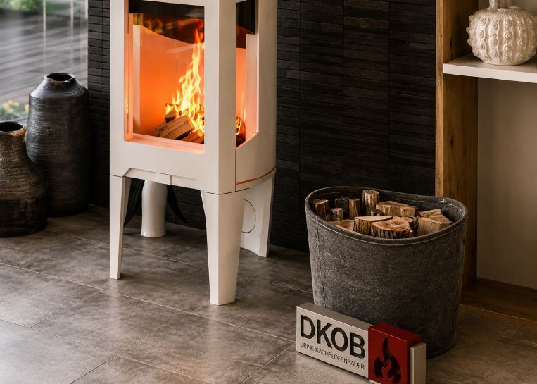 Detaillierte Ansicht eines grauen Filz-Holzkorbs mit gespaltenen Holzscheiten neben dem brennenden weißen Kaminofen.