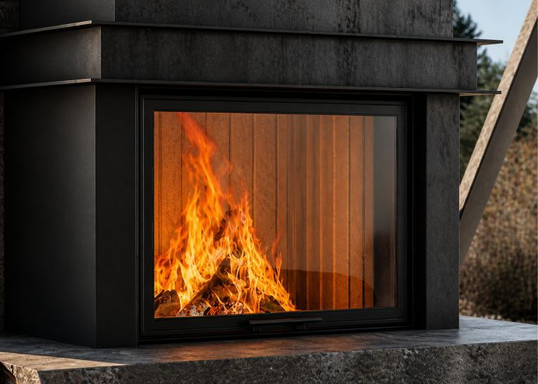 Detaillierter Blick auf das lodernde Holzfeuer hinter der geraden, großformatigen Sichtscheibe eines Stylefire I Kamineinsatzes.