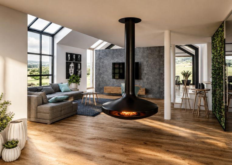 Rückansicht des Gyrofocus Vitré im Wohnbereich, der die Ecodesign-Richtlinien erfüllt und durch seine Schwebetechnik besticht.