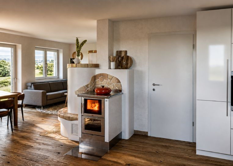 Detailansicht des brennenden Holzherdes, der nahtlos in den Kachelofen-Verbau und das Küchendesign integriert wurde.