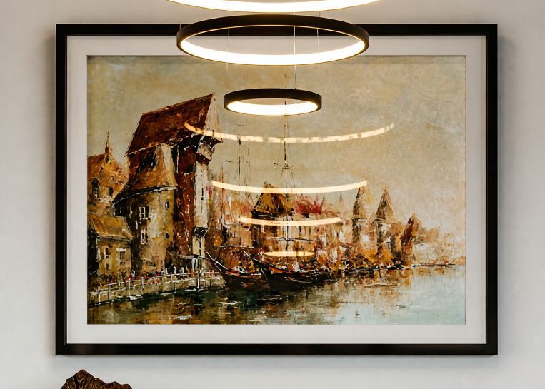 Detailansicht eines großen Ölgemäldes mit einer historischen Hafenszene, das die klassische Eleganz des englischen Kamins unterstreicht.