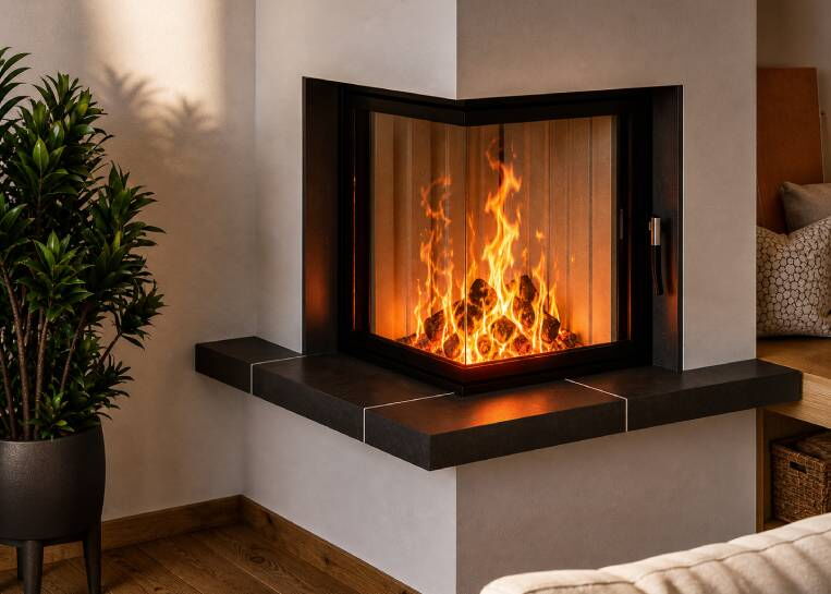Nahaufnahme des handgefertigten, dunklen Keramik-Feuertischs von Kaufmann am Eckkamineinsatz mit loderndem Feuer.