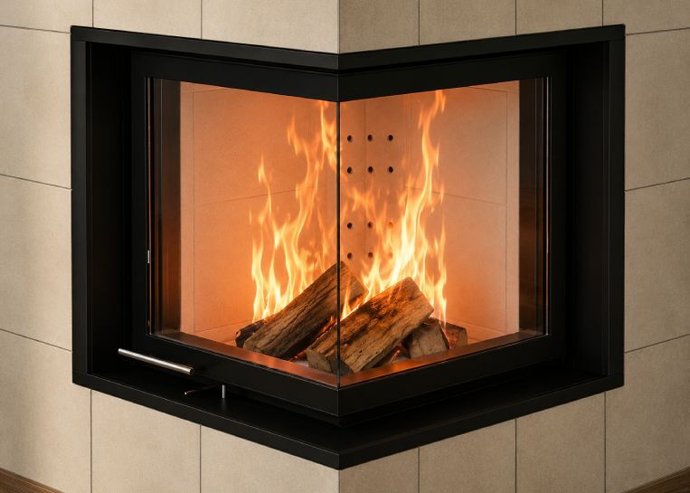 Detaillierte Ansicht des brennenden Holzfeuers hinter der stabilen, schwarz gerahmten Eck-Sichtscheibe.
