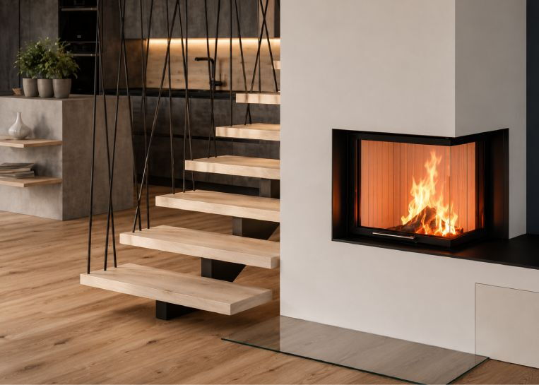 Detaillierte Sicht in den Feuerraum mit lodernden Holzscheiten und der hochwertigen, wärmespeichernden Schamotte-Auskleidung.