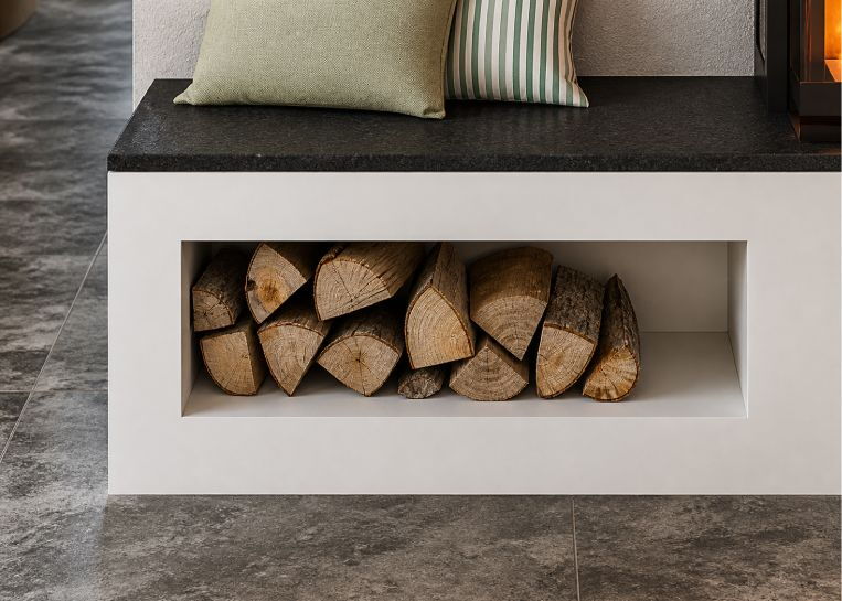 Detaillierte Ansicht des praktischen Holzlagers im Kamin-Sockel unter der mit schwarzem Naturstein abgedeckten Sitzbank.