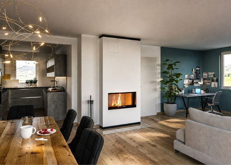 Perspektive vom Esszimmer auf den puristischen Kamin, der den offenen Wohnbereich mit Küche optisch und thermisch aufwertet.