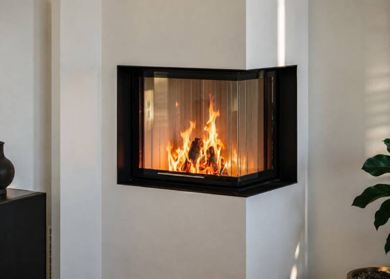 Nahaufnahme des lodernden Holzfeuers im Spartherm Eckkamin, umrahmt von einer präzisen, 6 mm starken schwarzen Metallblende.
