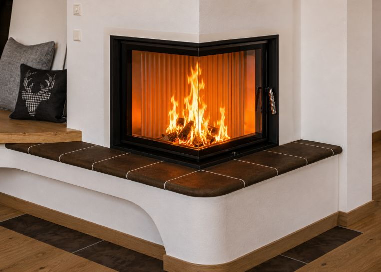 Nahaufnahme des brennenden Holzfeuers hinter dem modernen Ecksichtglas, eingerahmt von dunkler Feinkeramik auf dem Feuertisch.