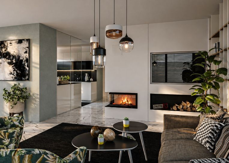 Perspektive vom Wohnzimmer auf den schlichten Eckkamin. Das reduzierte Design harmoniert mit dem hellen Marmorboden und der angrenzenden weißen Küche.