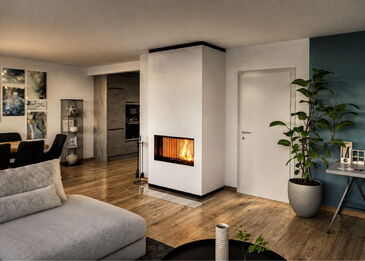 Eine schlichte, weiß verputzte Kaminanlage mit Spartherm Varia Ah Einsatz und schwarzer Metallblende in einem modernen Wohnzimmer.