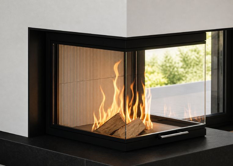 Nahaufnahme des lodernden Holzfeuers hinter der Ecksichtscheibe, die von einer präzisen schwarzen Metallblende und weißem Verbau eingerahmt wird.
