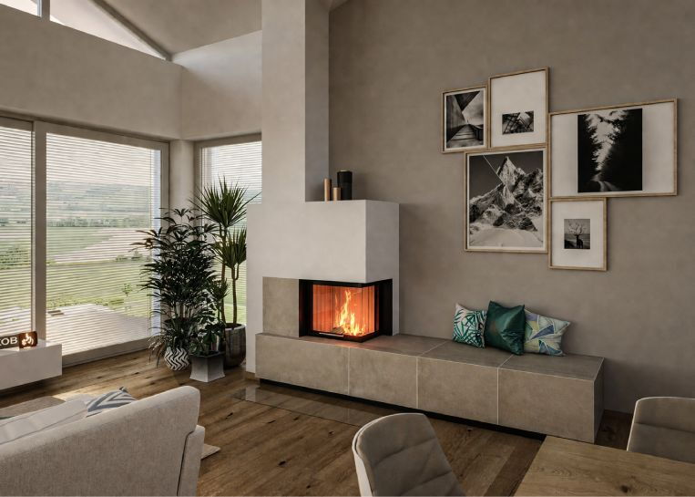 Moderne Kaminanlage mit Spartherm Varia 2R-55h Einsatz und einem markanten, individuell gestaltbaren Feuertischblock aus Feinsteinzeug.