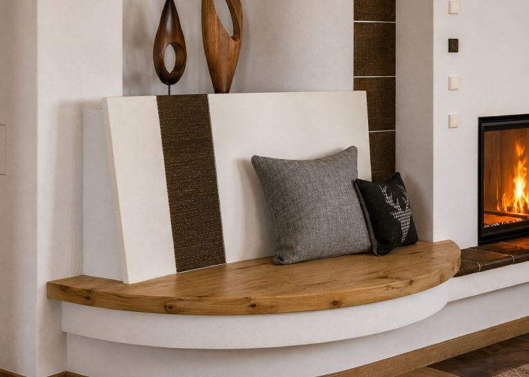 Nahaufnahme der ergonomischen Sitzbank mit hölzerner Sitzfläche und einer in die Ofenwand integrierten keramischen Rückenlehne.