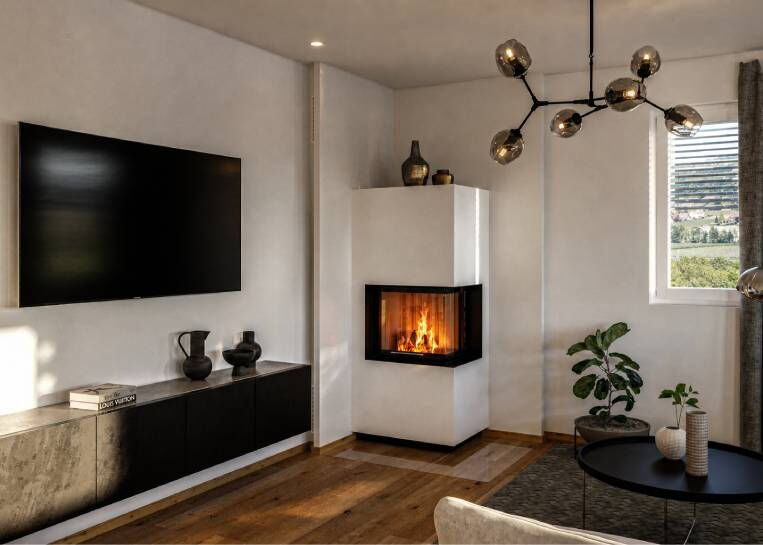 Perspektive auf den Eckkamin neben einer modernen TV-Wand, der durch sein schlichtes Design und die 2-seitige Verglasung besticht.