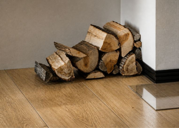 Detailansicht des gelagerten Brennholzes neben der Kaminanlage; im Fokus steht die schwarz lackierte Luftleiste am Sockel für optimale Konvektion.