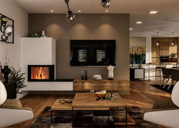 Ein freischwebender Eckkamin der Marke Brunner, elegant kombiniert mit einem TV-Lowboard in einem modern gestalteten Wohnraum.