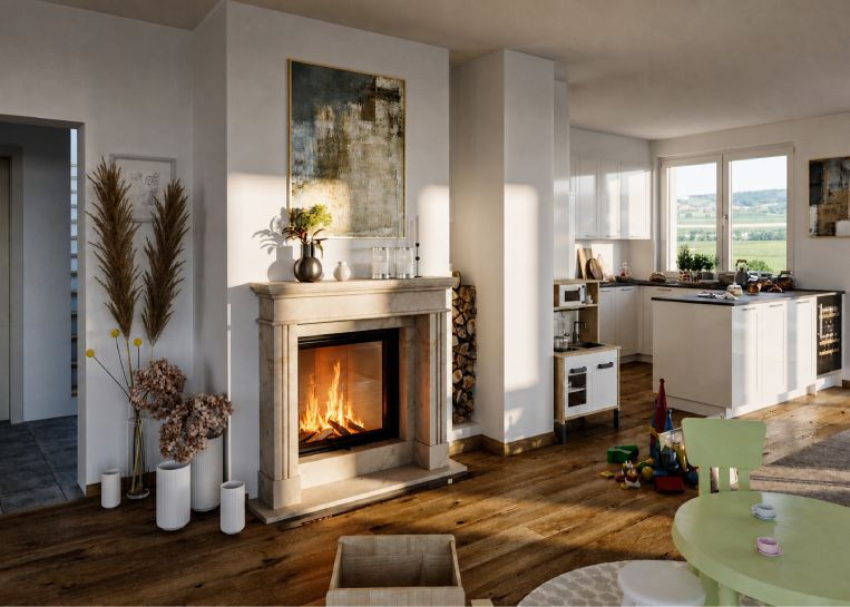 Perspektive auf den eleganten Natursteinkamin im Kontext eines offenen Wohnraums mit angrenzender moderner Küche.