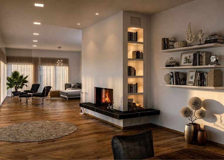 Seitenansicht des Kamins mit integriertem, beleuchtetem Regal und Blick in den offenen, modernen Wohn-Essbereich.