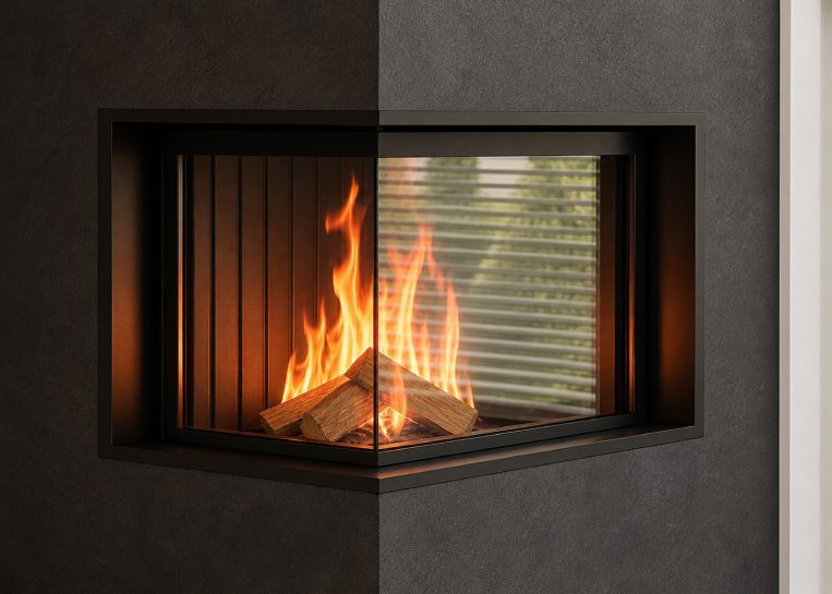 Detaillierter Blick auf das lodernde Holzfeuer im Spartherm Premium V-2L-80h Kamineinsatz mit rahmenloser Eckverglasung.