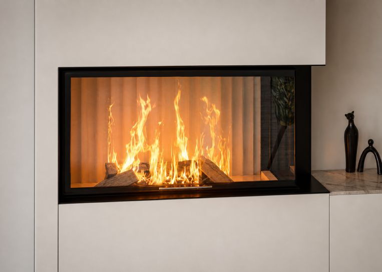 Nahaufnahme des lodernden Holzfeuers hinter der 2-seitigen Sichtscheibe, eingerahmt von einer schwarzen Metallblende und hellem Marmor.