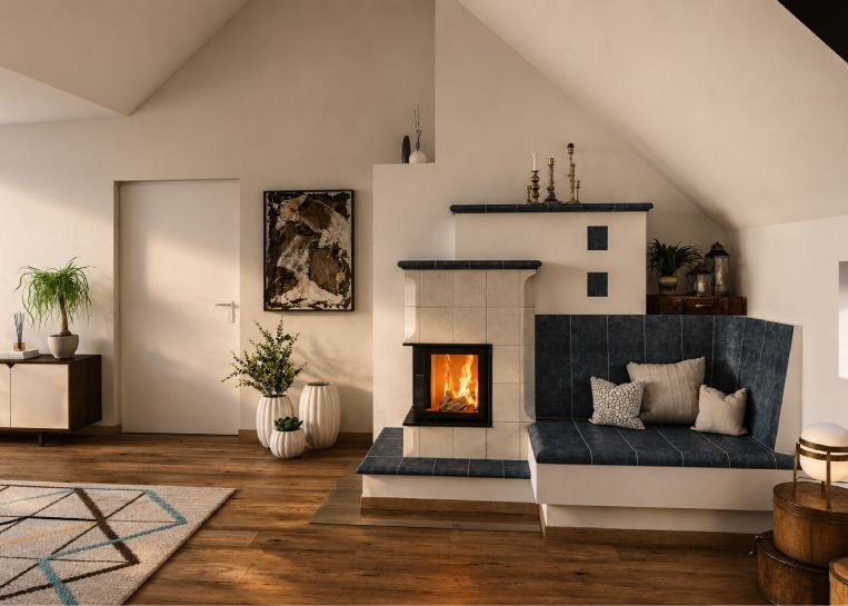 Frontalansicht eines Kachelofens mit beigen Kacheln am Korpus und einer großzügigen, blau-marmorierten Sitzbank im Wohnzimmer.