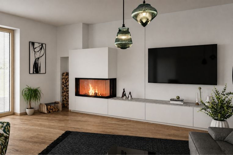 Ein minimalistischer Eckkamin mit einer Feuertischverlängerung aus hellem Marmor und nahtlos integrierten Push-to-Open Einbauladen.