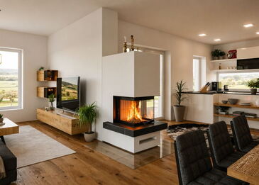 Ein moderner, 3-seitig verglaster Kamin als Raumteiler mit Spartherm Linear Arte U50h Einsatz, weißem Verbau und schwarzem Feinsteinzeug-Feuertisch.
